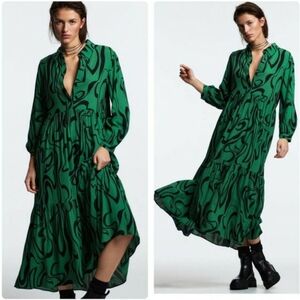 Zara Green Black Geometric Printed Long Sleeve Button Down Tiered Midi Dress